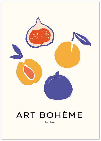 Abstract illustration of a sliced fig, peach and plum in orange, yellow and blue on cream background