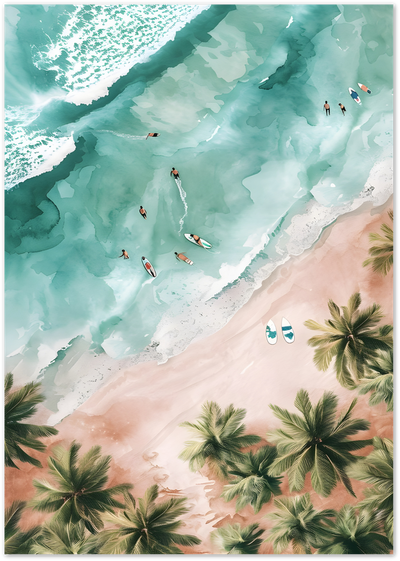 Aerial watercolor view of a beach with surfers, waves and palm trees