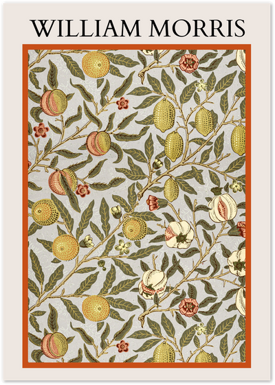 William Morris style pattern with citrus fruits, peaches, pomegranates and green leaves on grey background
