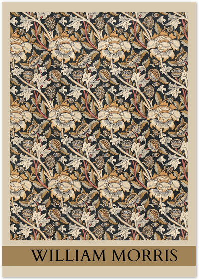 Vintage William Morris floral wallpaper pattern poster in gold, cream and dark tones