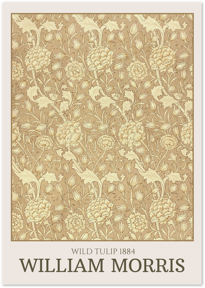 William Morris Wild Tulip 1884 poster with gold and cream floral pattern of tulips and carnations