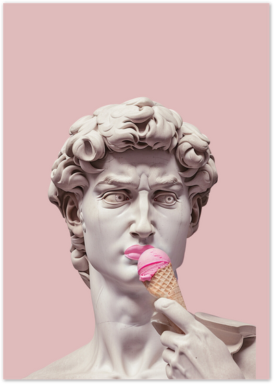 Classical marble David statue bust holding a melting pink ice cream cone on pink background