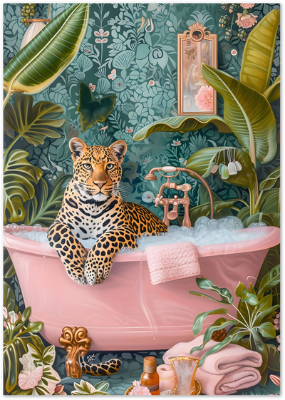 Leopard relaxing in a pink bathtub surrounded by tropical plants and botanical wallpaper