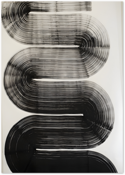 Abstract poster of stacked curved black brushstrokes forming an S-shape on beige background
