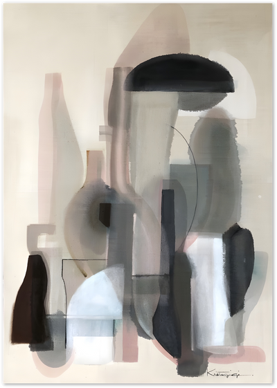 Abstract painting of bottle and vase shapes in black, grey, and beige tones