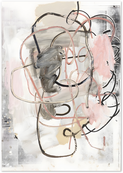 Abstract poster with black looping lines and pink and grey brushstrokes on cream background