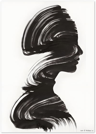 Black ink brushstroke silhouette of a woman's profile on a white background