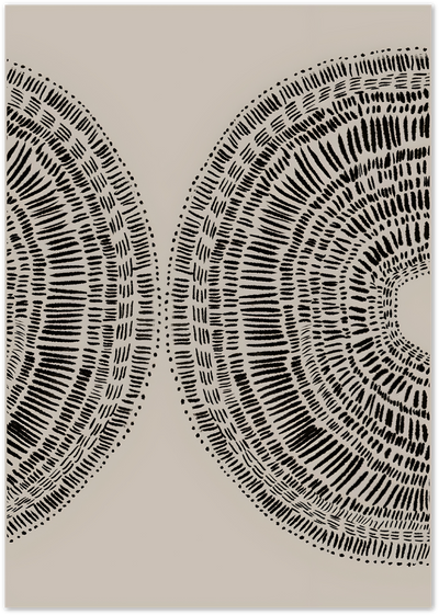 Abstract poster of two mirrored radial fan patterns made of black dashes on beige background