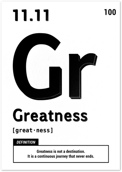Black and white typography poster with the word Greatness styled as a periodic table element