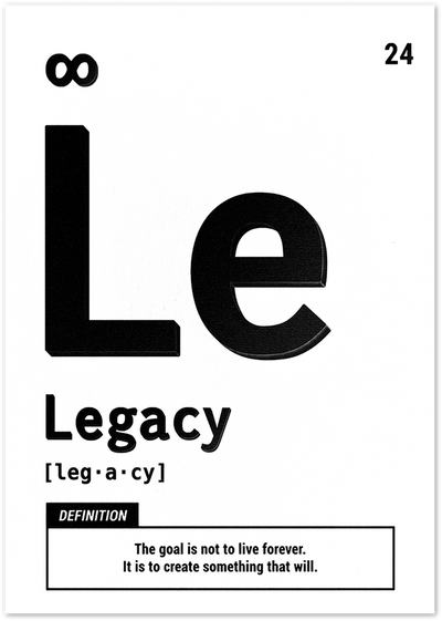 Black and white flashcard poster showing the word Legacy with definition and quote