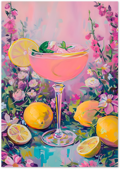 Painting of a pink cocktail in a coupe glass with lemons and pink flowers