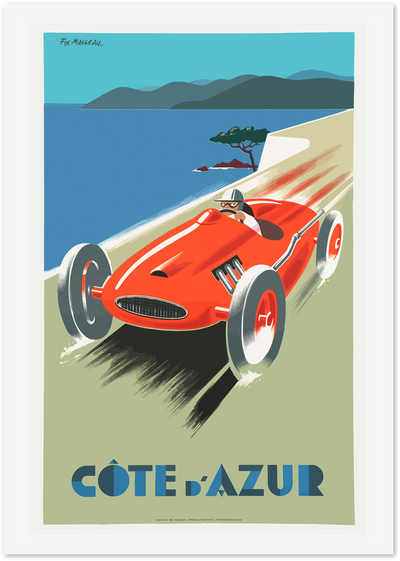 Vintage-style poster of a red race car on a Côte d'Azur coastal road with sea and hills