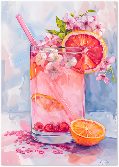 Painting of a pink cocktail with grapefruit slice, cranberries and blossoms on pastel background