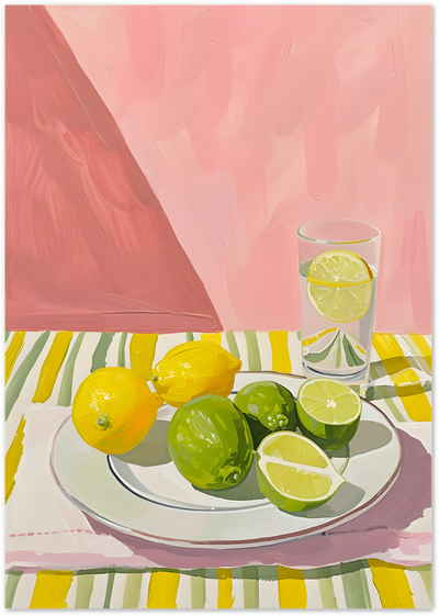Painting of lemons and limes on a plate with a glass of water, pink background