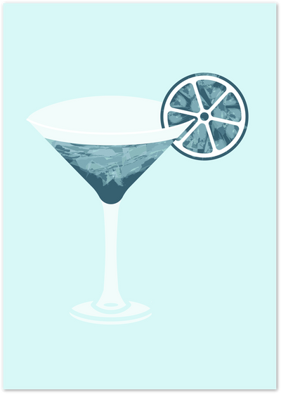 Illustration of a blue martini cocktail in a glass with a citrus slice garnish