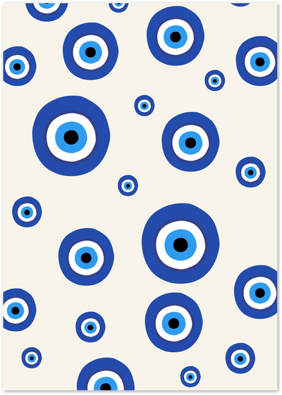 Pattern of blue, white and black evil eye nazar amulets on a cream background