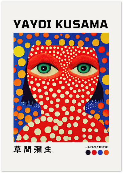 Pop art poster of a face with green eyes covered in red and white polka dots on blue background