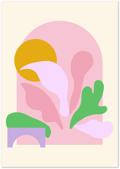 Abstract poster with organic pink, green, gold and lilac plant-like shapes on cream background
