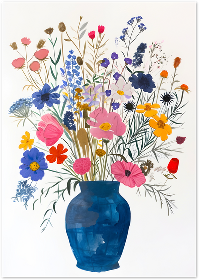 Colourful wildflower bouquet illustration in a deep blue textured vase on white background