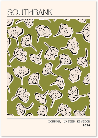 Poster with abstract leaf pattern in cream and black on olive green background, titled Southbank