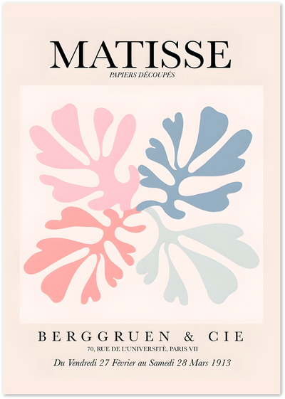 Matisse exhibition poster with pink, coral, blue and green abstract cut-out leaf shapes