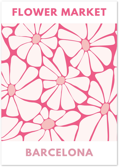 Poster with bold pink and cream daisy pattern and text Flower Market Barcelona