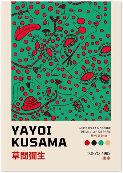 Green poster with red polka dots, abstract face outline and eye motifs, Yayoi Kusama exhibition print