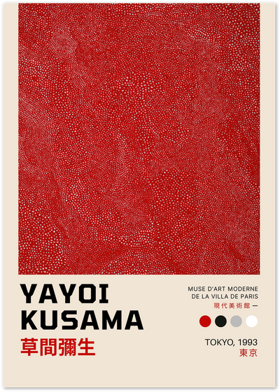 Yayoi Kusama exhibition poster with red infinity net dot pattern and gallery text