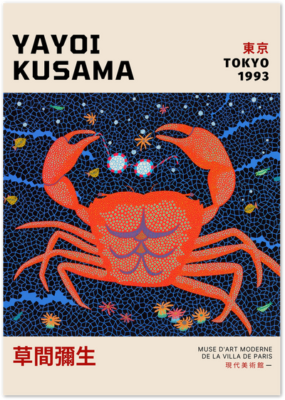 Poster of a red polka dot crab on a black and blue geometric background with fish and starfish