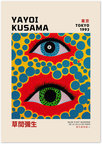 Yayoi Kusama exhibition poster with polka-dot eyes in red, yellow, blue and green
