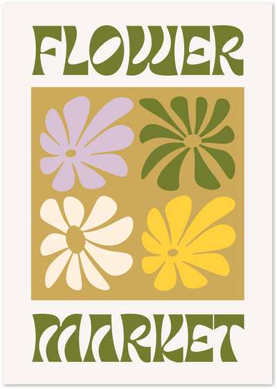 Retro Flower Market poster with bold typography and four graphic flowers in lilac, green, cream and yellow