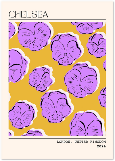 Poster with illustrated purple pansies on mustard yellow background, titled Chelsea, London 2024