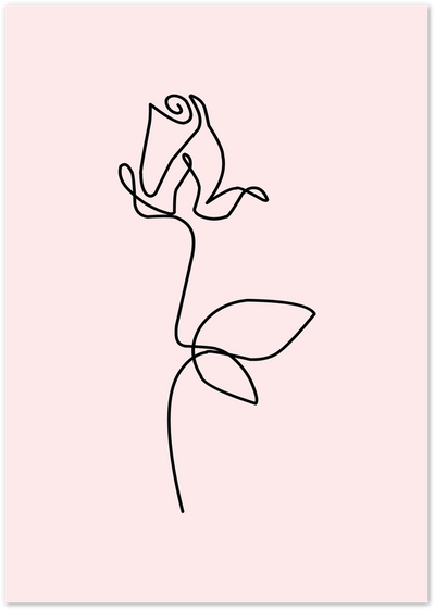 Single continuous black line drawing of a rose and leaf on a pink background