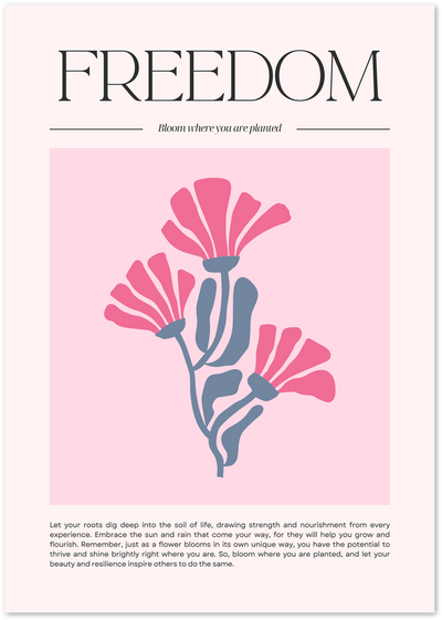Pink and blue floral illustration below the word Freedom and an inspirational quote on blush background