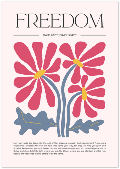 Poster with the word Freedom, pink daisies, and a bloom where you are planted quote