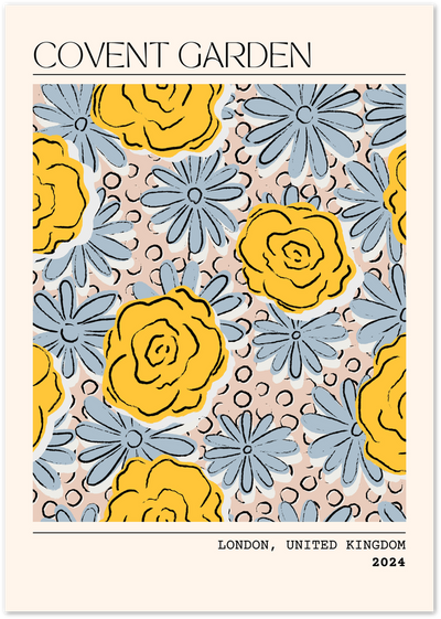 Poster with yellow roses and blue daisies pattern, labeled Covent Garden, London