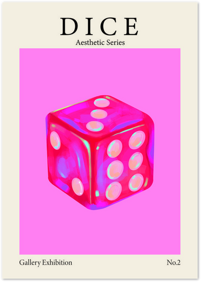 Pop art style poster of a red dice with white pips on a pink background