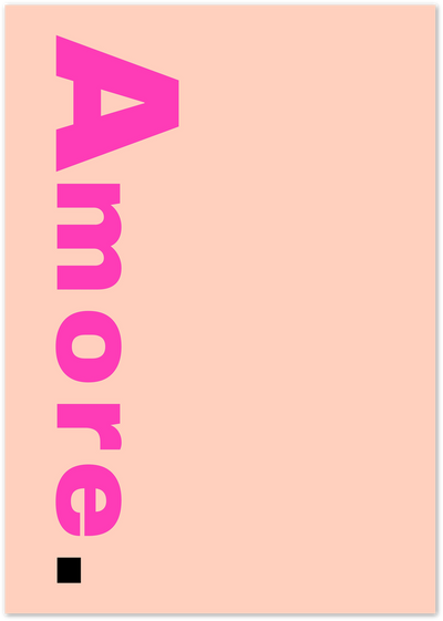 Vertical poster with the word Amore in bold pink letters on a peach background
