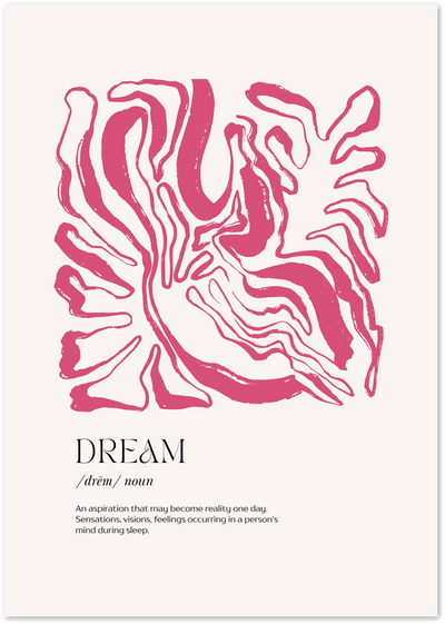 Poster with abstract pink swirling line art and dictionary definition of the word dream
