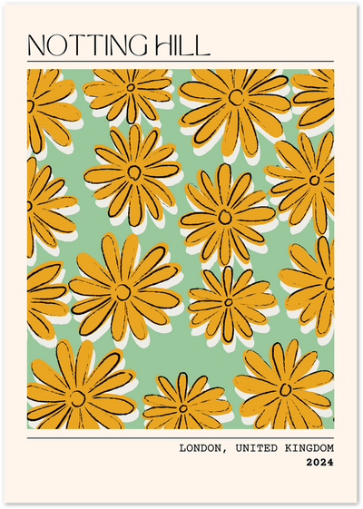 Poster with repeating pattern of large yellow daisy flowers on a sage green background