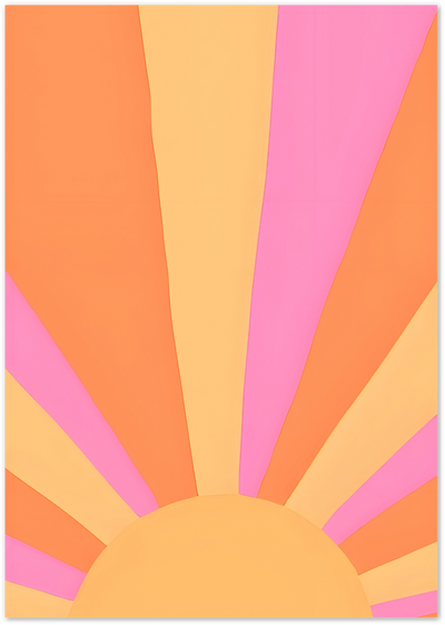 Retro sunburst illustration with orange, peach, and pink rays radiating from a curved horizon