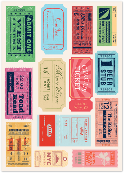Colourful collage poster of vintage-style cinema, circus, travel and event tickets