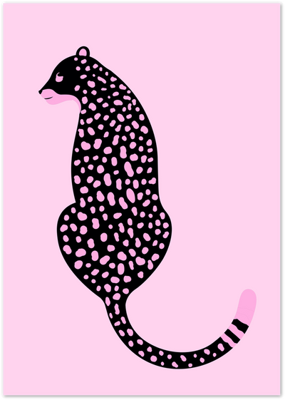 Black leopard silhouette with pink spots seated on a pink background