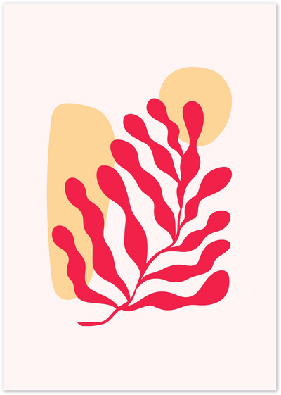 Abstract poster of a red fern leaf with yellow organic shapes and a circle on a pale background