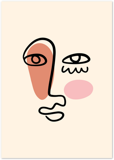 Abstract single-line face illustration with terracotta and pink shapes on cream background