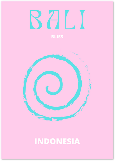 Pink poster with turquoise BALI text, spiral graphic, and BLISS INDONESIA typography