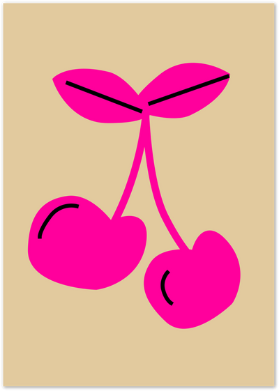 Pop art illustration of two pink cherries with black line details on a beige background