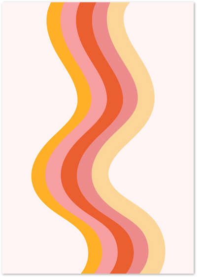 Abstract poster with wavy vertical lines in yellow, pink, orange and coral on cream background
