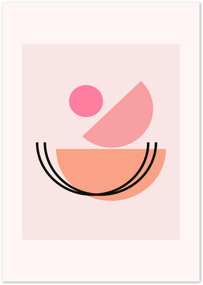 Abstract poster with pink circle, coral half-oval, peach bowl shape and black arcs