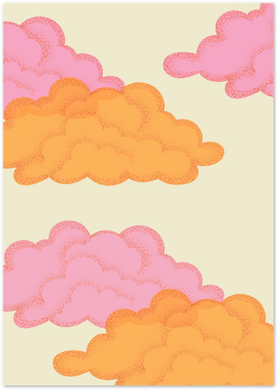 Illustrated poster of pink and orange stylised clouds on a cream sky background
